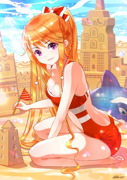 Anime picture 800x1132 with sword girls nak (nak166) single tall image looking at viewer blush fringe breasts light erotic large breasts sitting purple eyes bare shoulders signed bent knee (knees) ponytail very long hair barefoot light smile orange hair