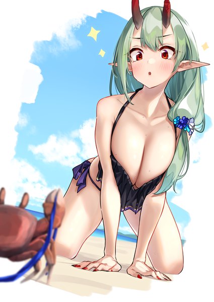 Anime picture 2507x3541 with original akari (baffu) baffu single long hair tall image blush fringe highres breasts open mouth light erotic red eyes large breasts payot sky cleavage cloud (clouds) full body outdoors