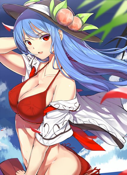 Anime picture 723x1000 with touhou hinanawi tenshi neropaso single long hair tall image looking at viewer blush fringe breasts open mouth light erotic smile red eyes large breasts standing bare shoulders blue hair sky cloud (clouds)
