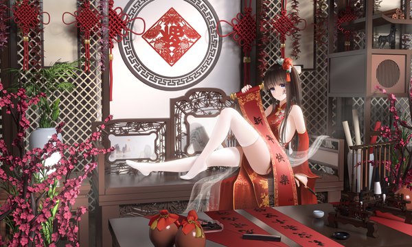Anime picture 5000x2999 with original liht single long hair looking at viewer fringe highres blue eyes black hair wide image sitting bare shoulders holding absurdres full body bent knee (knees) indoors blunt bangs traditional clothes hair flower