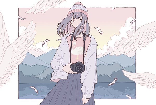 Anime picture 2039x1378 with original shi oo single long hair looking at viewer highres standing sky cloud (clouds) pleated skirt grey hair open jacket border mountain outside border animal print bird print girl skirt jacket