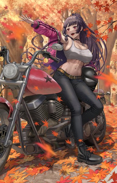 Anime picture 1146x1782 with tatakau ataisuru yamaguchi ryouko silvertsuki single long hair tall image breasts open mouth light erotic black hair smile red eyes large breasts cleavage full body outdoors ponytail braid (braids) :d off shoulder