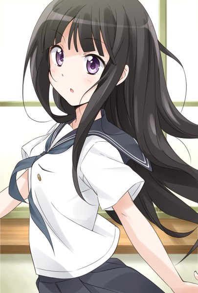 Anime picture 2007x2971 with hyouka kyoto animation chitanda eru mousou (mousou temporary) single long hair tall image blush fringe highres open mouth black hair purple eyes girl uniform serafuku