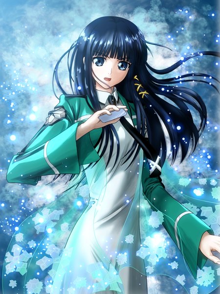 Anime picture 810x1080 with mahouka koukou no rettousei shiba miyuki oowada0102 single long hair tall image looking at viewer fringe breasts open mouth blue eyes black hair standing holding blunt bangs long sleeves wide sleeves floating hair girl dress