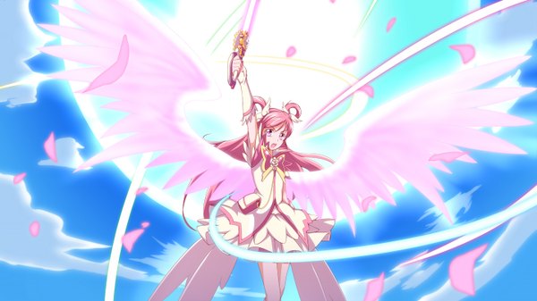 Anime picture 1435x808 with precure yes! precure 5 toei animation yumehara nozomi cure dream jabara921 single long hair looking at viewer open mouth wide image pink hair sky cloud (clouds) pink eyes girl dress hair ornament weapon petals