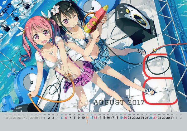 Аниме картинка 7009x4914 с оригинальное изображение kurumi (kantoku) shizuku (kantoku) kantoku длинные волосы смотрит на зрителя румянец высокое разрешение открытый рот чёрные волосы широкое изображение фиолетовые глаза несколько девушек absurdres небо облако (облака) красные волосы один глаз закрыт цветок в волосах подмигивание