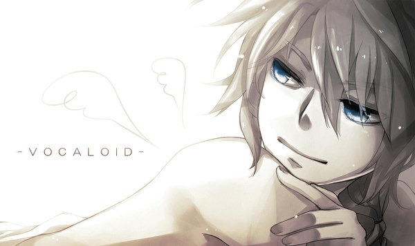 Anime picture 1100x654 with vocaloid kagamine len mukkun single fringe short hair blue eyes simple background smile hair between eyes wide image white background looking away lying inscription monochrome fake wings boy wings