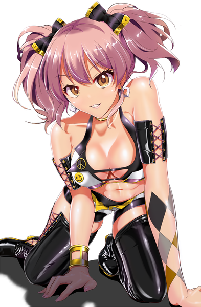 Anime picture 655x1000 with idolmaster idolmaster cinderella girls jougasaki mika nonohachi single long hair tall image looking at viewer breasts light erotic smile twintails bare shoulders brown eyes pink hair charismatic gal girl navel bow hair bow