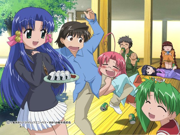 Anime picture 1024x768 with mahoraba j.c. staff aoba kozue kurosaki sayoko kurosaki asami momono megumi chanohata tamami shiratori ryuushi haibara yukio ryuusei johnny everyone alcohol beer onigiri umeboshi