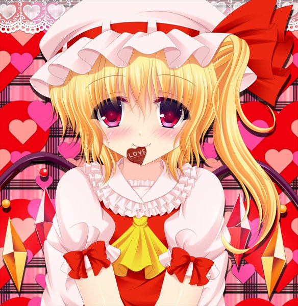 Anime picture 1443x1482 with touhou flandre scarlet shimotsuki keisuke tall image blush short hair blonde hair red eyes one side up valentine girl dress bow wings heart bonnet crystal