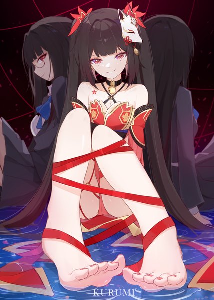 Anime picture 2500x3500 with honkai: star rail honkai (series) sparkle (honkai: star rail) riai kurumi single long hair tall image looking at viewer fringe highres light erotic black hair smile red eyes sitting twintails bare shoulders signed payot blunt bangs