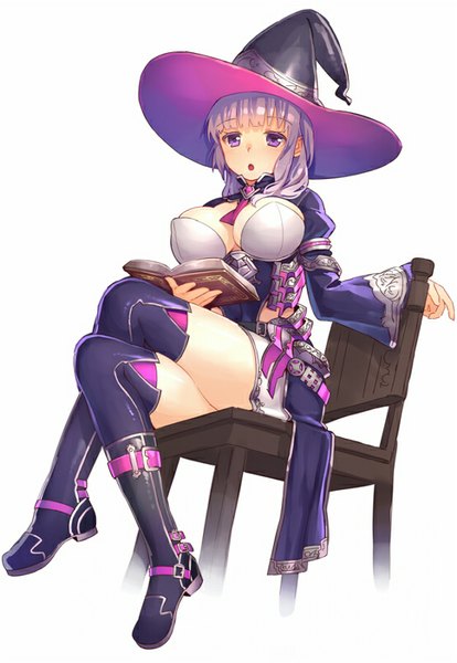 Anime picture 553x800 with original kibanda gohan single tall image fringe short hair breasts light erotic simple background large breasts white background purple eyes grey hair thighs crossed legs fantasy witch girl thighhighs hat