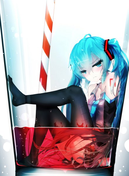 Anime picture 1243x1700 with vocaloid hatsune miku qys3 single long hair tall image looking at viewer twintails bare shoulders ahoge aqua eyes aqua hair wet no shoes frown minigirl against glass girl thighhighs skirt