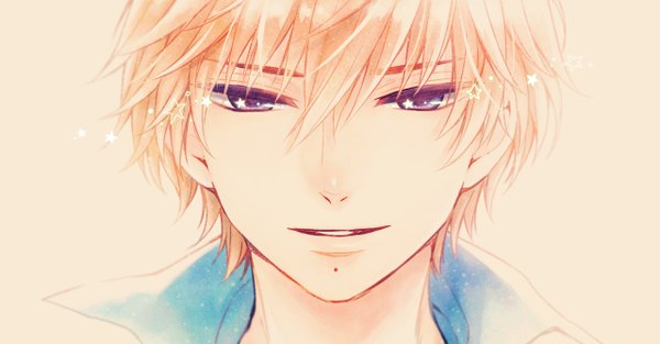 Anime picture 1280x668 with brothers conflict idea factory asahina natsume teinpomu single short hair simple background blonde hair smile wide image purple eyes orange hair mole sparkle portrait face mole under mouth boy shirt star (symbol)