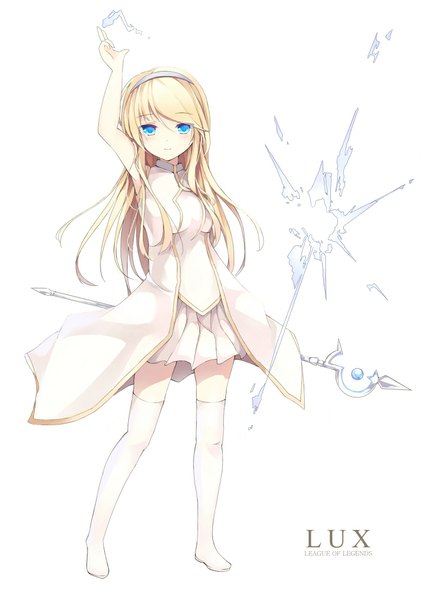 Anime picture 775x1105 with league of legends lux (league of legends) utsuame single long hair tall image looking at viewer blush blue eyes simple background blonde hair smile standing white background magic fighting stance girl thighhighs skirt hair ornament