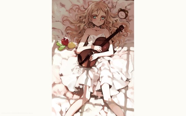 Anime picture 1920x1200 with quartett! littlewitch charlotte francia oyari ashito single long hair looking at viewer highres blue eyes blonde hair wide image lying shadow on back wallpaper wavy hair girl dress white dress fruit