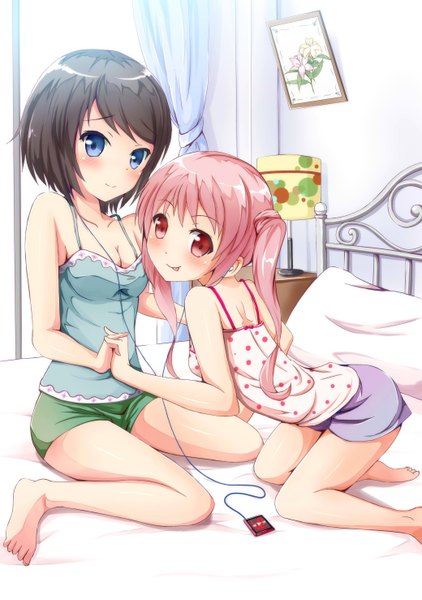 Anime picture 2079x2953 with original ok-ray long hair tall image blush highres short hair blue eyes black hair smile red eyes multiple girls pink hair kneeling holding hands girl 2 girls tongue bed digital media player