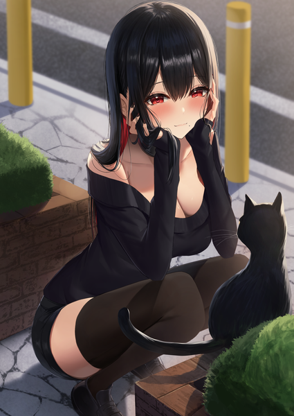 Anime picture 2508x3541 with original amane sora single long hair tall image blush fringe highres breasts light erotic black hair smile hair between eyes red eyes large breasts looking away cleavage full body outdoors long sleeves
