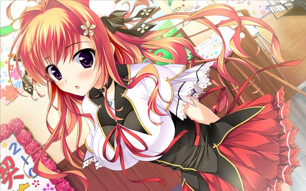 Anime picture 1024x640 with ore no kanojo no uraomote amahara miyabi long hair blush breasts light erotic wide image large breasts purple eyes game cg red hair girl uniform ribbon (ribbons) bow hair bow school uniform