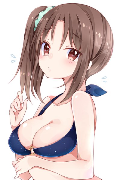Anime picture 1000x1504 with kin-iro mosaic kuzehashi akari chico152 single long hair tall image looking at viewer blush breasts light erotic simple background brown hair large breasts white background brown eyes upper body side ponytail girl swimsuit bikini