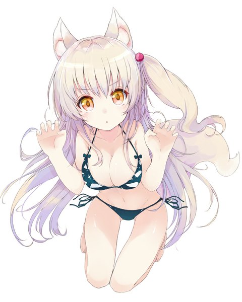 Anime-Bild 800x1000 mit original kou mashiro single long hair tall image looking at viewer fringe breasts light erotic simple background white background animal ears cleavage silver hair full body tail animal tail barefoot from above orange eyes