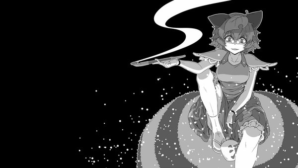 Anime picture 1920x1080 with touhou futatsuiwa mamizou sunatoshi single looking at viewer highres short hair open mouth simple background smile wide image sitting animal ears wallpaper sleeveless black background monochrome light smoke outline