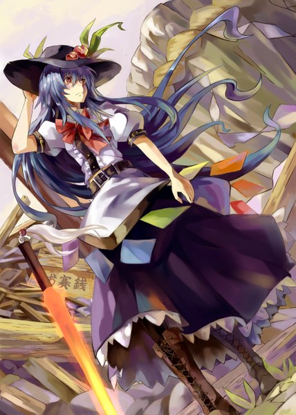 Anime picture 3708x5196 with touhou hinanawi tenshi neko (yanshoujie) single long hair tall image blush highres red eyes blue hair absurdres full body wind lacing girl weapon hat sword boots hisou no tsurugi