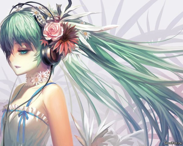 Anime picture 1280x1024 with vocaloid hatsune miku alphonse (white datura) single long hair highres twintails bare shoulders green eyes absurdres hair flower aqua eyes green hair aqua hair girl dress hair ornament flower (flowers) white dress headphones
