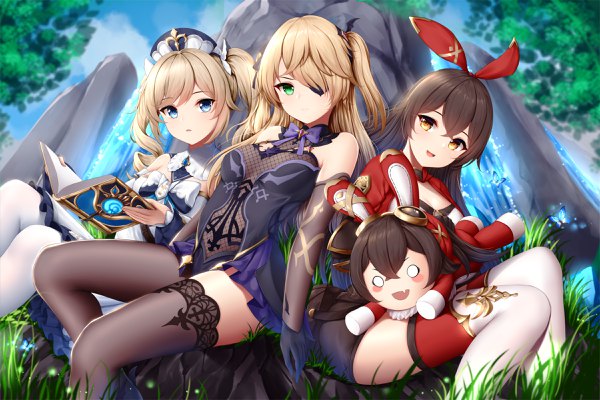 Anime picture 2400x1600 with genshin impact fischl (genshin impact) barbara (genshin impact) amber (genshin impact) baron bunny (genshin impact) wsman long hair looking at viewer blush fringe highres open mouth blue eyes blonde hair smile hair between eyes brown hair sitting twintails bare shoulders