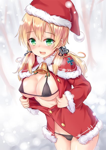Anime picture 645x910 with kantai collection prinz eugen (kantai collection) shimokirin single long hair tall image looking at viewer blush fringe breasts open mouth light erotic blonde hair hair between eyes large breasts twintails green eyes payot open clothes embarrassed