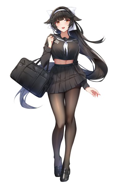 Anime picture 2756x4100 with azur lane takao (azur lane) takao (academy romantica) (azur lane) wu ganlan cai single long hair tall image looking at viewer blush fringe highres breasts open mouth black hair simple background smile large breasts white background brown eyes full body