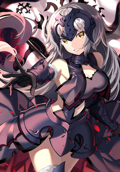 Anime picture 978x1400 with fate (series) fate/grand order jeanne d'arc (fate) (all) jeanne d'arc alter (fate) jeanne d'arc alter (avenger) (third ascension) (fate) akae neo single long hair tall image looking at viewer fringe breasts smile large breasts standing yellow eyes payot silver hair parted lips wind