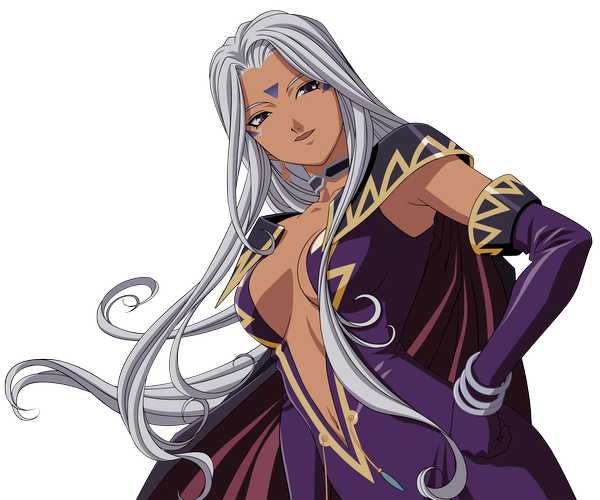 Anime picture 2520x2100 with aa megami-sama anime international company urd trismugistus (vector) single long hair highres open mouth light erotic purple eyes cleavage grey hair hand on hip transparent background girl gloves elbow gloves cloak