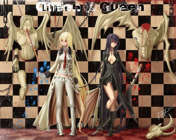 Anime picture 1500x1200 with queen lilith queen eva edenfox looking at viewer fringe breasts light erotic black hair blonde hair red eyes standing holding looking away cleavage very long hair horn (horns) magic checkered floor checkered knees touching