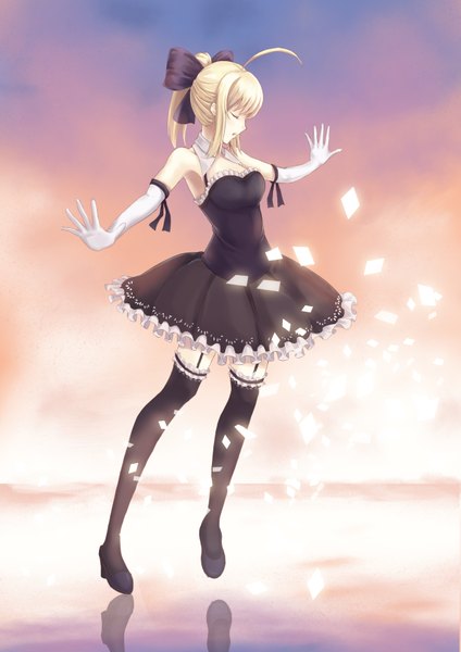 Anime picture 2480x3508 with fate (series) fate/stay night type-moon artoria pendragon (all) saber saber alter single tall image highres short hair open mouth blonde hair ponytail eyes closed girl thighhighs dress gloves bow black thighhighs