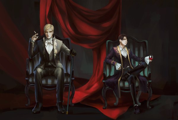 Anime picture 1200x810 with shingeki no kyojin production i.g levi (rivaille) erwin smith ryu (pixiv 6630104) short hair blonde hair brown hair sitting brown eyes multiple boys boy boots bowtie 2 boys curtains ring chair vest suit