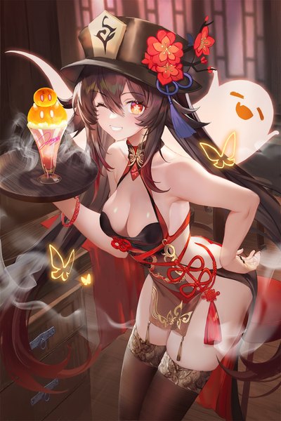 Anime picture 1500x2250 with genshin impact hu tao (genshin impact) boo tao (genshin impact) slime (genshin impact) criin single long hair tall image looking at viewer fringe breasts light erotic smile hair between eyes red eyes brown hair large breasts standing signed indoors