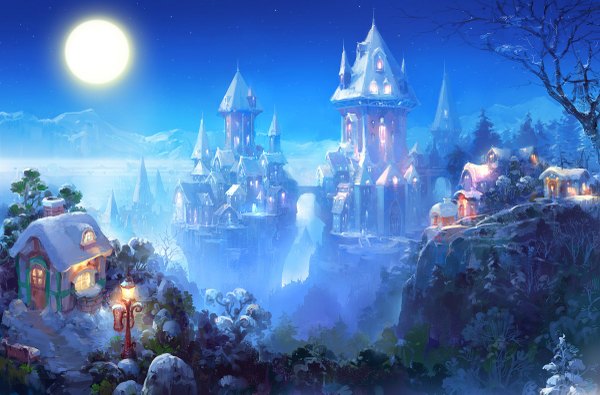 Anime picture 1200x791 with original paperblue cloud (clouds) night city winter snow cityscape mountain fantasy plant (plants) tree (trees) water building (buildings) moon lantern castle lamppost