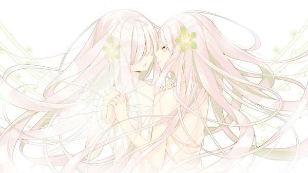 Anime picture 1600x900 with original sakuragi ren long hair blush simple background wide image white background bare shoulders multiple girls pink hair eyes closed parted lips head tilt hair flower lips holding hands reflection shoujo ai bare back dual persona