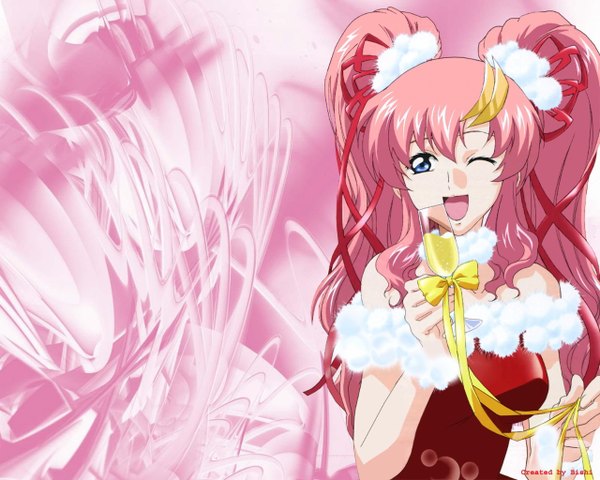 Anime picture 1280x1024 with mobile suit gundam gundam seed sunrise (studio) lacus clyne long hair open mouth blue eyes twintails pink hair one eye closed wink wallpaper christmas pink background girl hair ornament ribbon (ribbons) hair ribbon hairclip wine glass