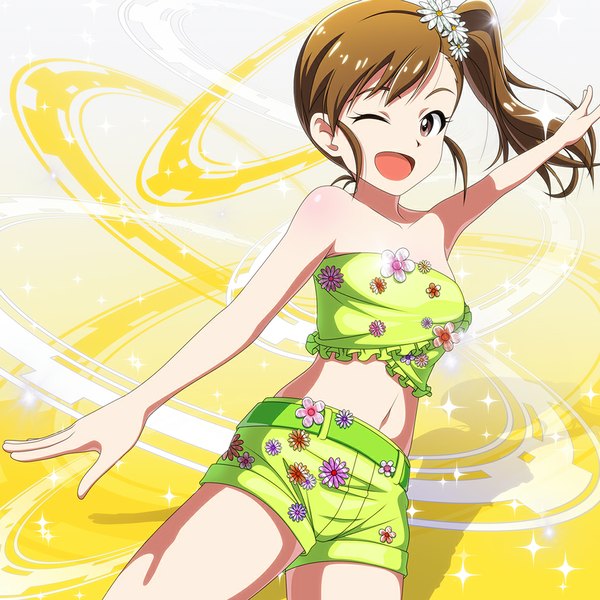 Anime picture 1000x1000 with idolmaster futami mami kouchou single long hair open mouth smile brown hair bare shoulders brown eyes one eye closed hair flower wink side ponytail girl navel flower (flowers) shorts short shorts