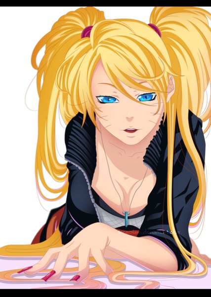 Anime picture 1000x1404 with naruto studio pierrot naruto (series) uzumaki naruto naruko tremblax single long hair tall image open mouth blue eyes blonde hair white background twintails nail polish fingernails coloring facial mark portrait letterboxed