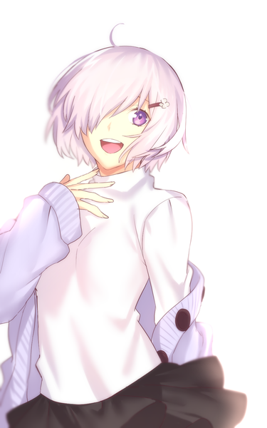 Anime picture 900x1440 with fate (series) fate/grand order mash kyrielight seseragi azuma single tall image looking at viewer fringe short hair open mouth simple background white background purple eyes silver hair ahoge :d hair over one eye off shoulder teeth girl