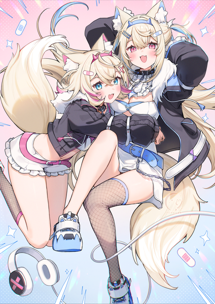 Anime-Bild 1321x1870 mit virtual youtuber hololive hololive english mococo abyssgard fuwawa abyssgard mococo abyssgard (1st costume) fuwawa abyssgard (1st costume) yenkoes long hair tall image fringe short hair open mouth blue eyes blonde hair hair between eyes multiple girls animal ears tail :d