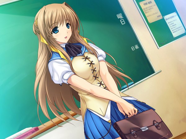 Anime picture 1024x768 with choukou sennin haruka kouenji sayuka single long hair open mouth blue eyes brown hair game cg girl uniform ribbon (ribbons) hair ribbon school uniform school bag