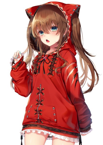 Anime picture 1320x1853 with little red riding hood original little red riding hood (character) navy (navy.blue) single long hair tall image looking at viewer blush fringe open mouth simple background hair between eyes brown hair standing white background twintails green eyes payot nail polish