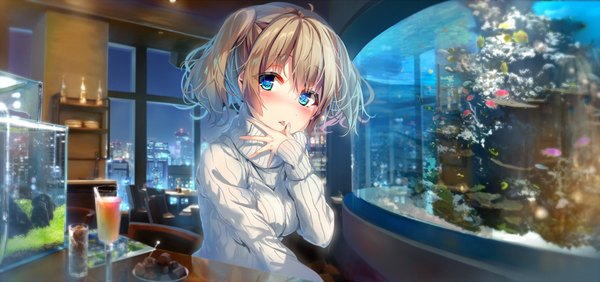 Anime picture 1400x660 with original wingheart single looking at viewer blush fringe short hair breasts blue eyes blonde hair hair between eyes wide image sitting twintails payot indoors long sleeves night city short twintails