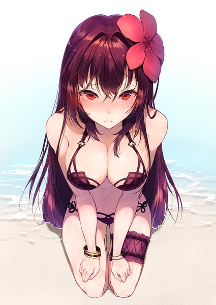 Anime picture 968x1366 with fate (series) fate/grand order scathach (fate) (all) scathach (swimsuit assassin) (fate) hplay (kyoshinou) single long hair tall image blush fringe breasts light erotic hair between eyes red eyes large breasts sitting purple hair full body hair flower from above