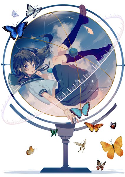 Anime-Bild 2480x3507 mit original zhibuji loom single long hair tall image highres black hair white background sky cloud (clouds) full body pleated skirt black eyes floating hair hand to mouth midair butterfly on hand girl skirt uniform