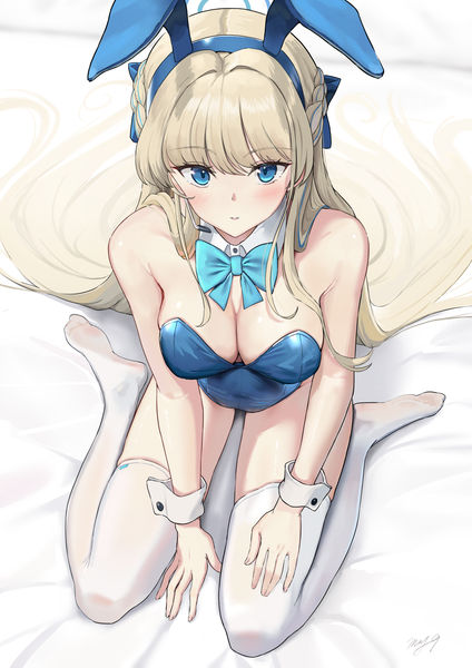 Anime picture 1447x2047 with blue archive toki (blue archive) toki (bunny) (blue archive) may9 single tall image looking at viewer blush fringe breasts blue eyes light erotic blonde hair large breasts sitting bare shoulders animal ears cleavage blunt bangs very long hair